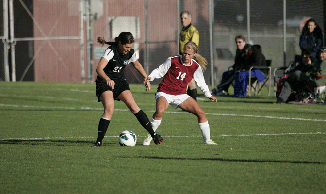 CWU's Tarah Duty (14) battles for possession against NNU's Sarah Blum. Duty played outstanding defense and had five assists to earn GNAC Defensive Player of the Week honors.